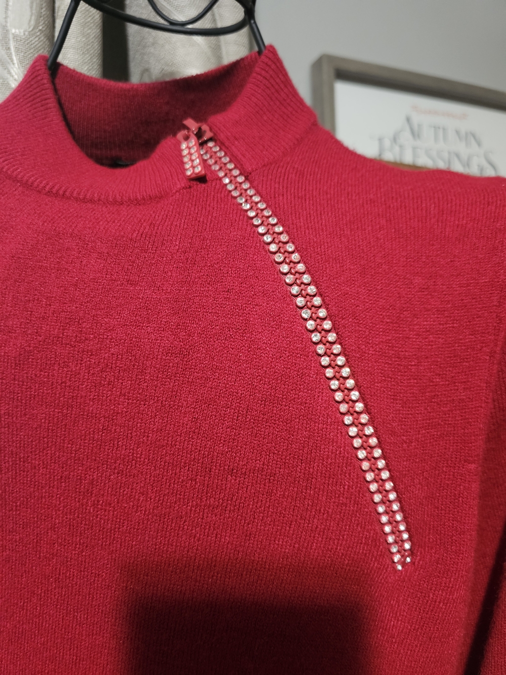 Women’s Ruby Red Mock Neck Sweater Top with Decorative Diagonal Zip - Picture 3 of 5